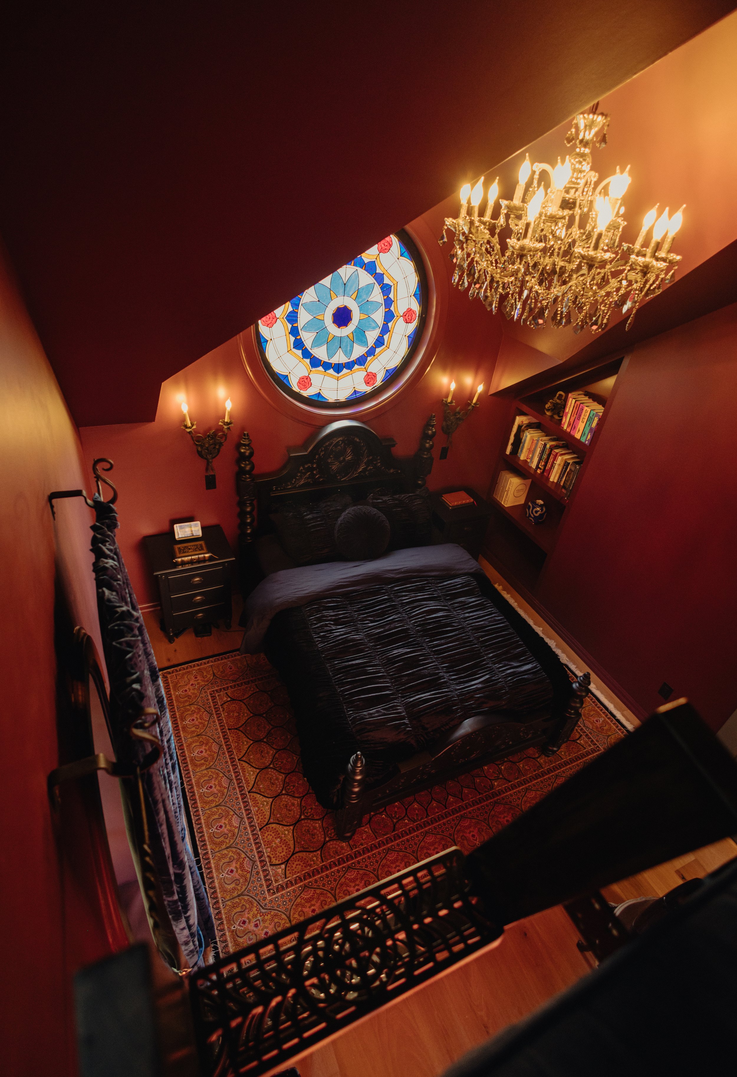  Bedroom loft view toward the rose window and vaulted ceiling. 
