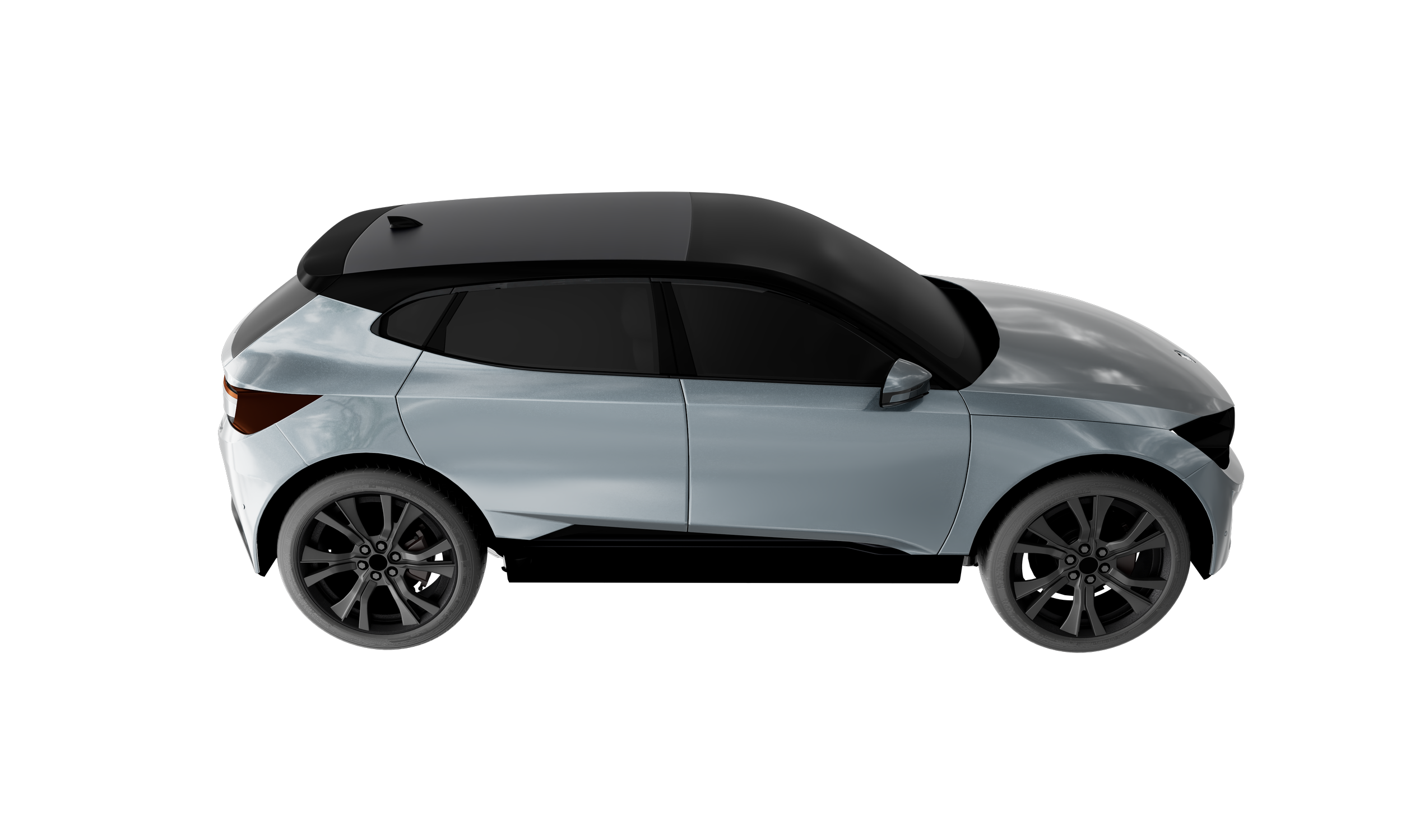 Side view of a modern white compact SUV with black roof against a black background.