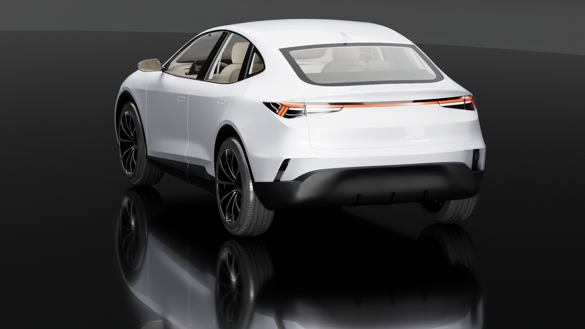 An all-white modern electric car with a streamlined design, rear lights connecting with a light strip, and black wheels with intricate spoke patterns, displayed on a reflective black surface.