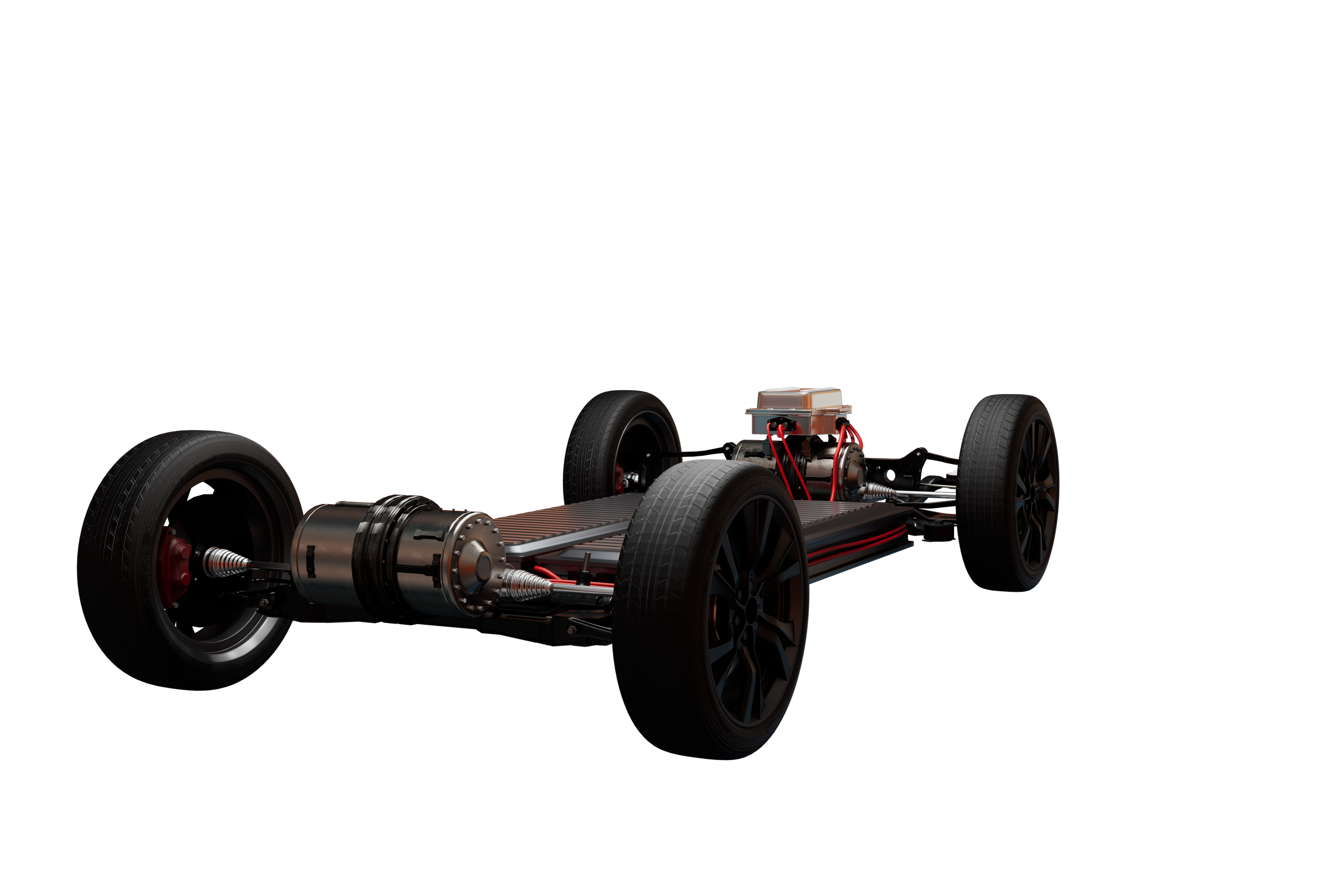 A close-up view of a futuristic car chassis showing wheels, motors, and red wiring against a black background.