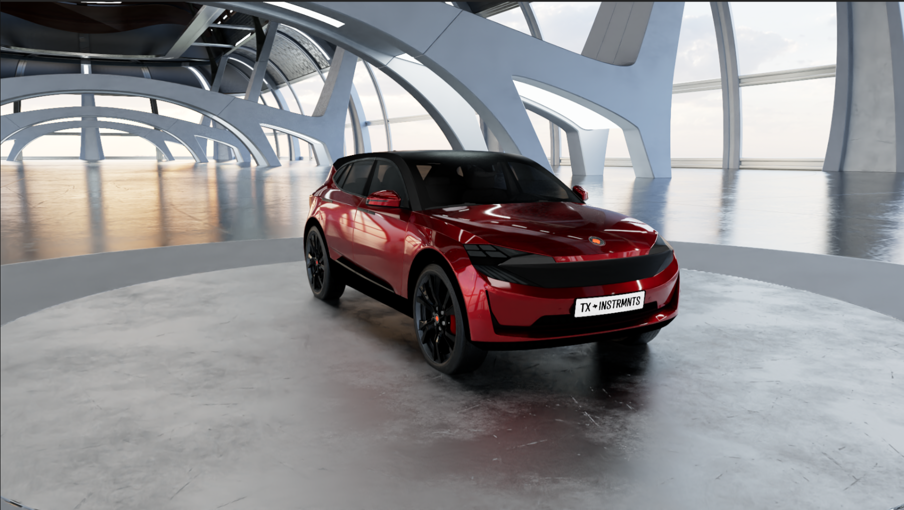 A red and black compact electric vehicle displayed in a modern, architecturally striking showroom with curved white structural beams and large windows.