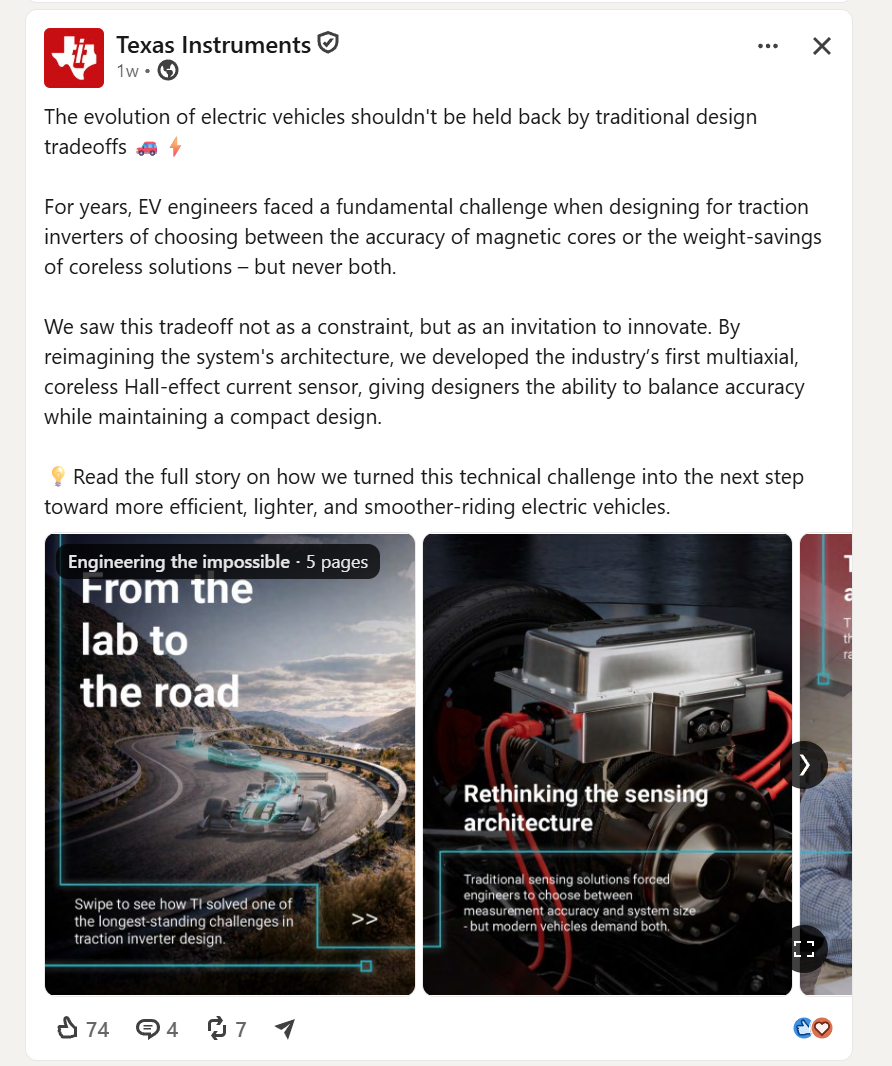 Texas Instruments LinkedIn Campaign
My EV visualization imagery was used in a Texas Instruments social campaign highlighting its automotive technology.