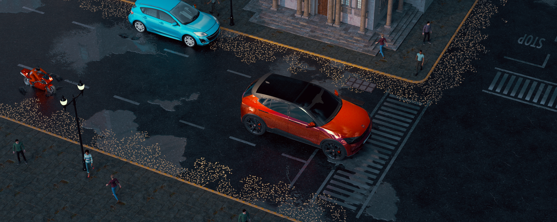 Aerial view of a city street at night with parked cars, pedestrians, and fallen yellow leaves on the wet pavement near a building entrance.