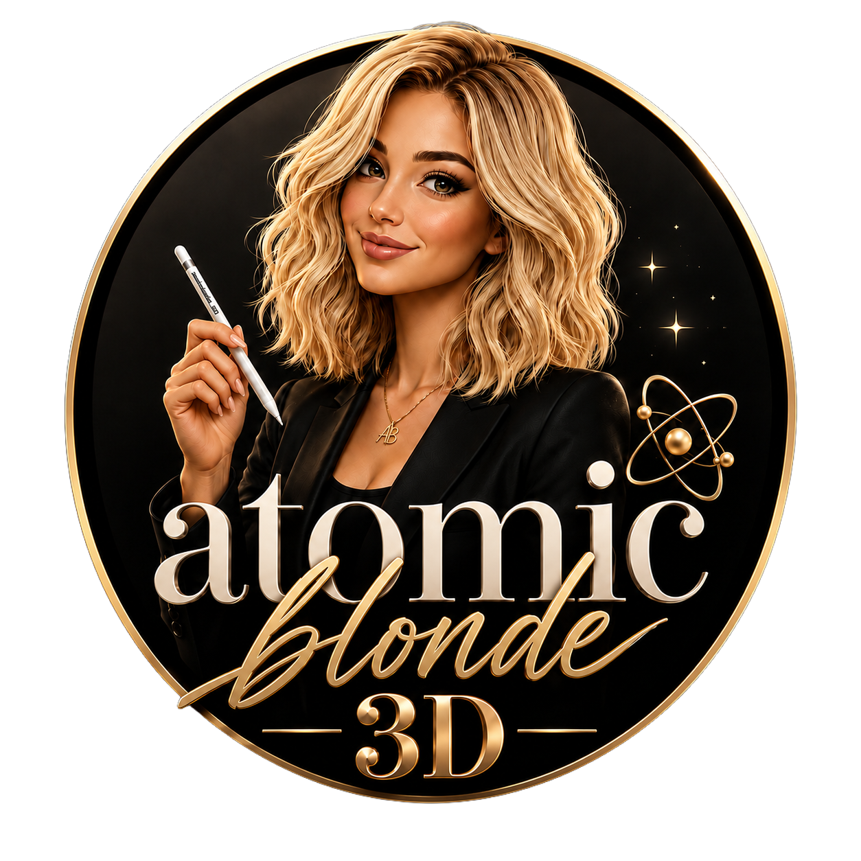 A woman with blonde, wavy hair holds a pen, wearing a black blazer and jewelry, with the text 'atomic blonde 3D' and scientific icons around her.