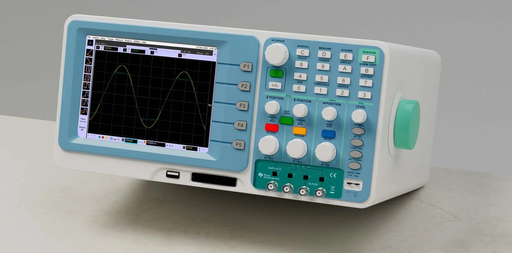 A benchtop electronic oscilloscope with a digital display showing waveforms and control buttons for adjusting settings.