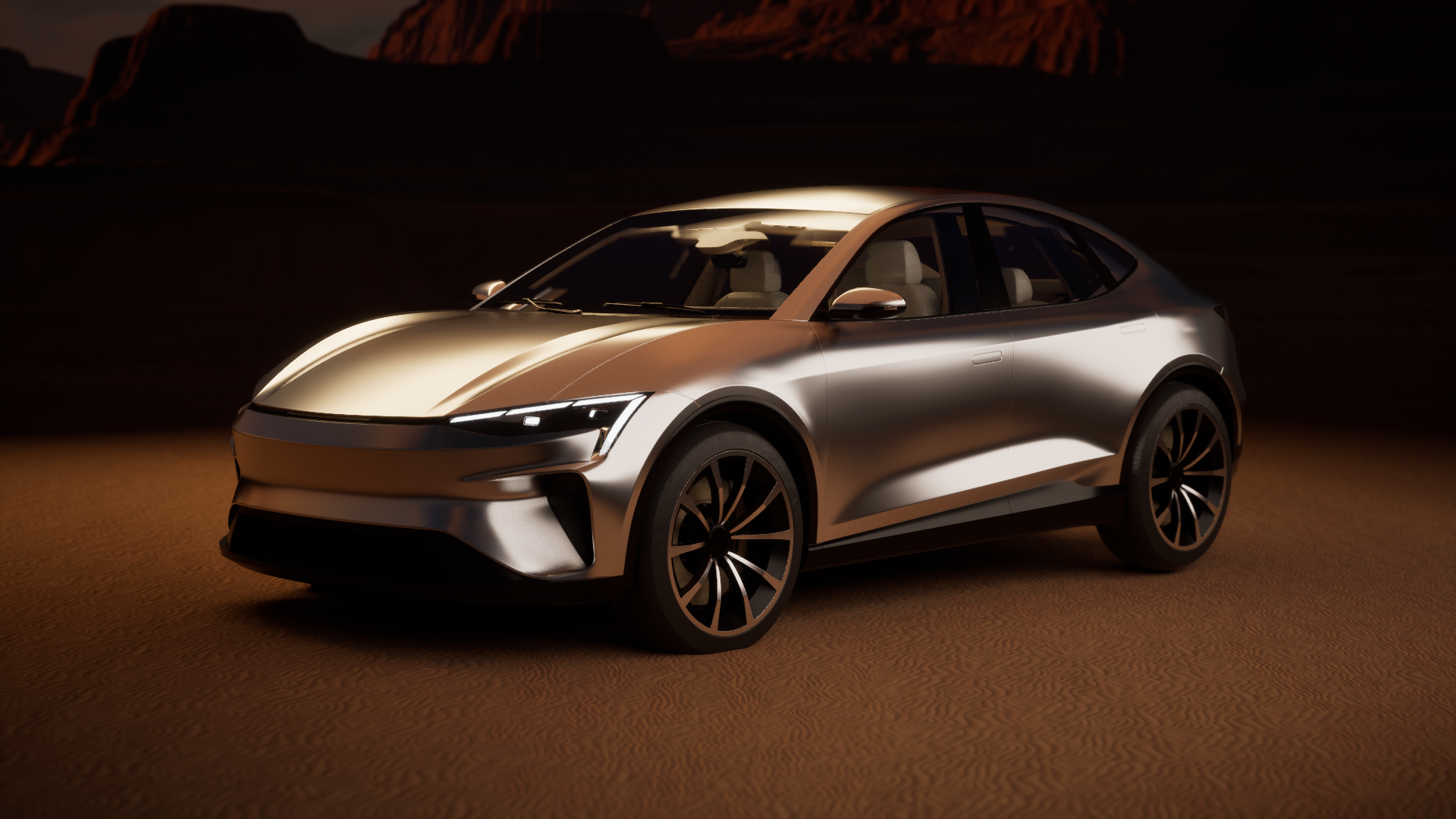 A sleek, silver electric SUV parked on desert sand at dusk, with mountain silhouettes in the background.