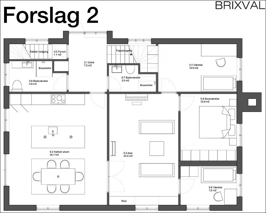 Denne løsning blev ekstra dyr ved, at trappen til 1.-sal blev flyttet, og der blev lavet to nye badeværelser.
