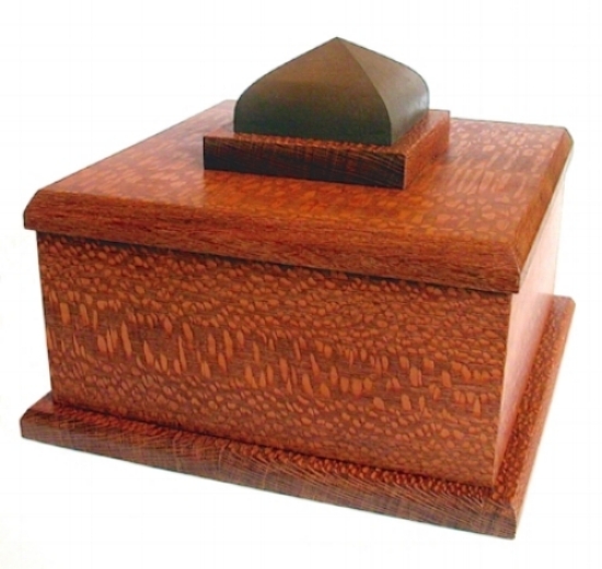 Orchha – 2012 – Funerary Urn based on the Orchha Palace, India. 35cm W x 35cm L x 25cm H – with Suede lined inner compartment. Lacewood /Dyed Maple / Suede / Beeswax. SOLD