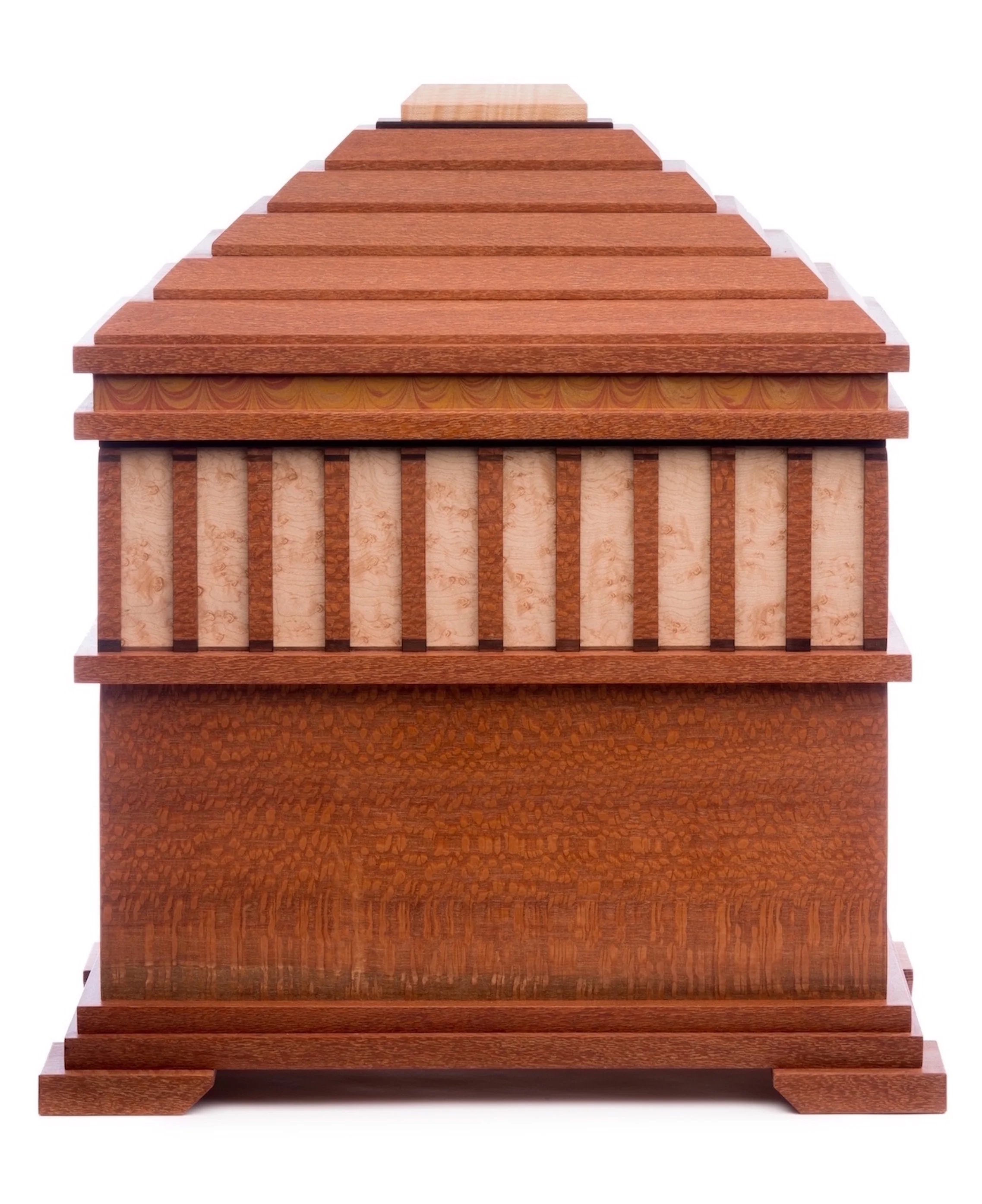 Halicarnassus – 2014 – Memorial Case - a fantasy on the Tomb of King Mausolus, inspired by travels to the Middle East. 48cm W x 39cm L x 52cm H – with upper & lower compartments lined with handmade marbled paper & Suede. Lacewood / Indian Rosewood / Birdseye Maple / Maple / Handmade Marbled Paper Suede/ Beeswax. 