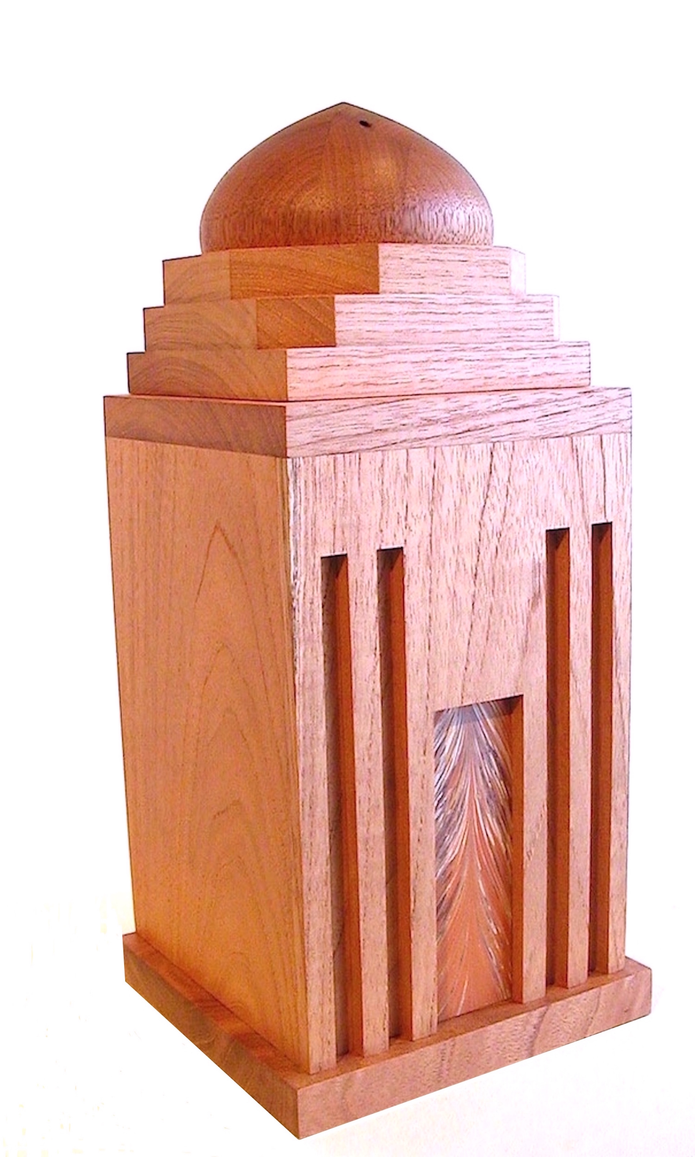 Gur Amir (prince’s tomb) – 2014 – Funerary Urn inspired by travels in Jordan, Israel and the Emirates. 19cm W x 20cm L x 42cm H – with small hidden compartment & diamond set into domed top. Mahogany / Red Cedar / Diamond / Hand Marbled Paper / Beeswax. 