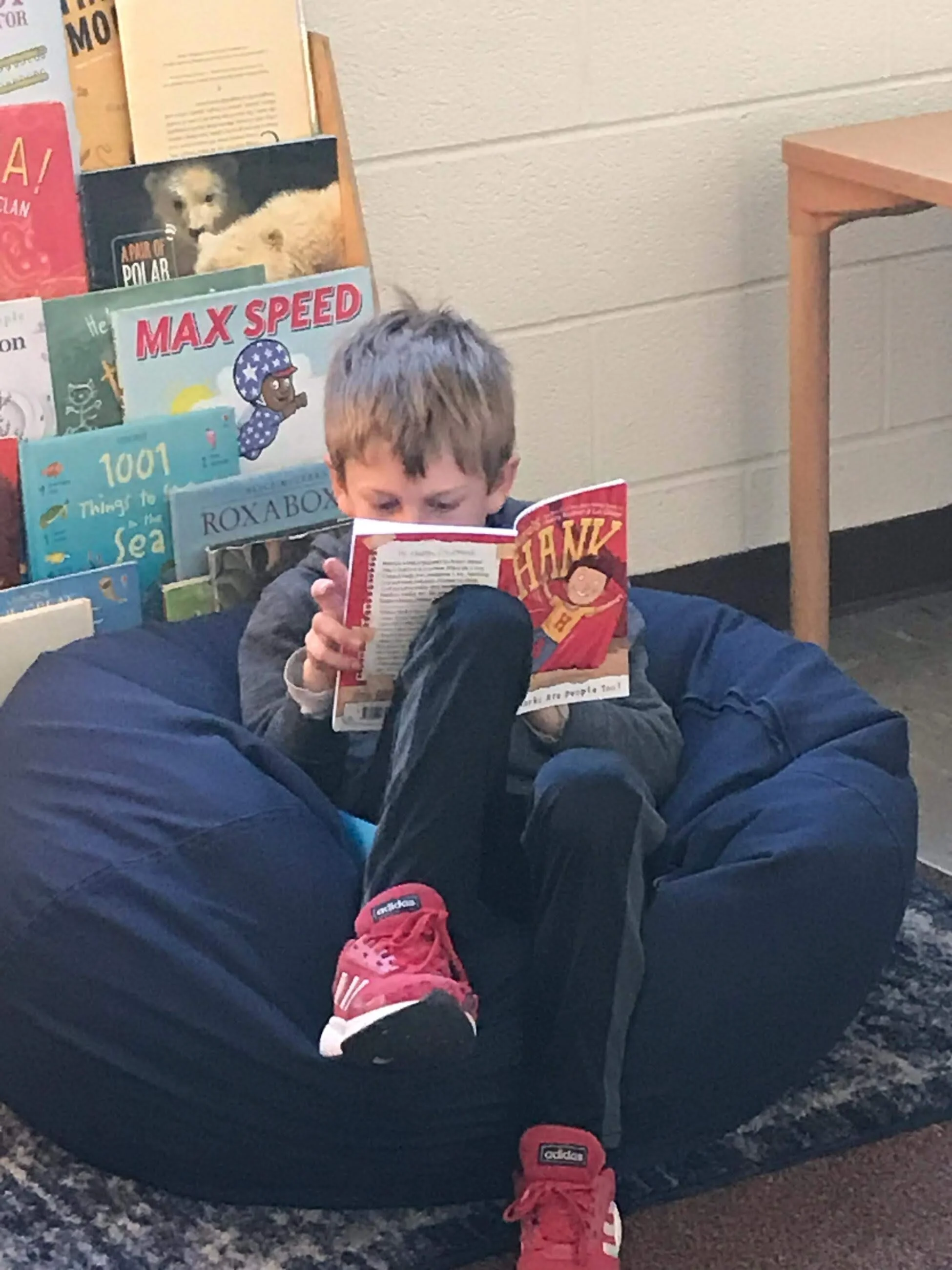 A student enjoying reading a Hank book