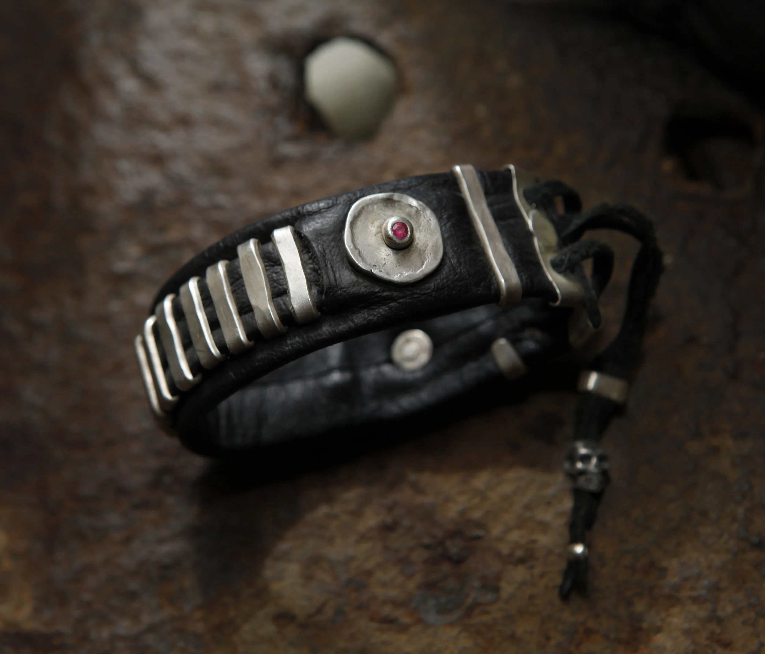 mens unique leather and silver bracelet