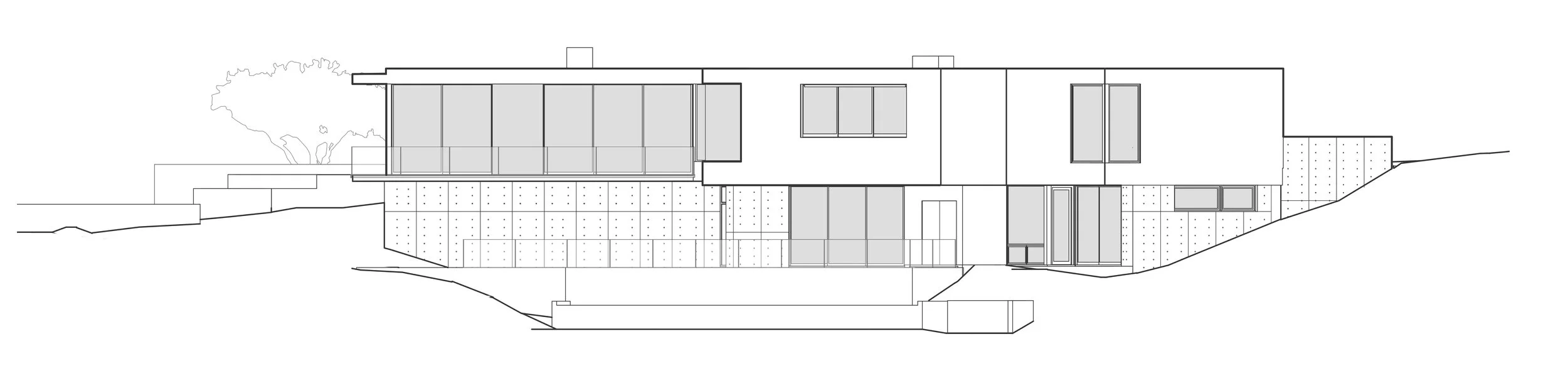Black and white digital illustration of site plan for Oak Pass Main House, designed by Walker Workshop.
