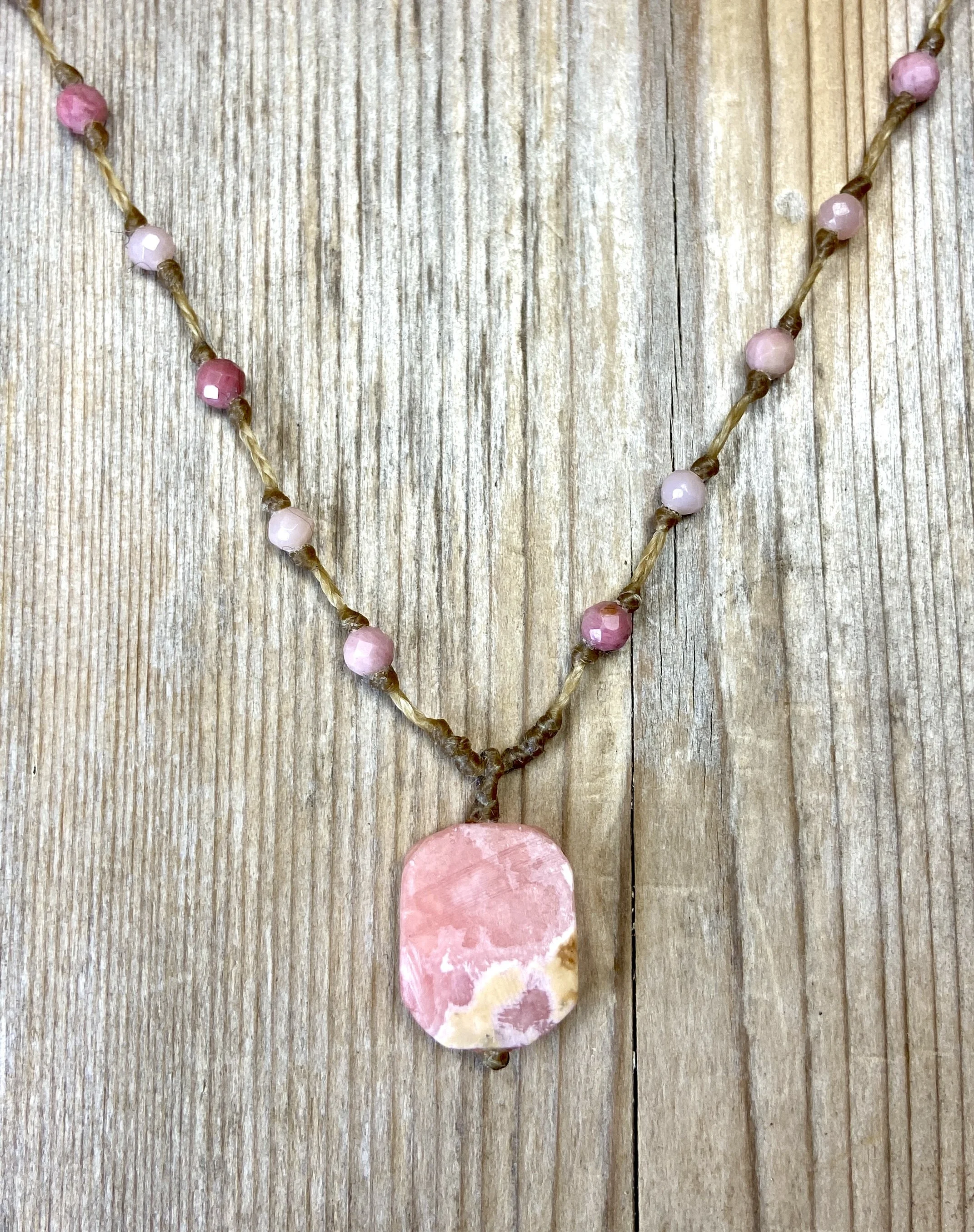 18" pink opal multi-stone necklace with rhodochrosite pendant $80