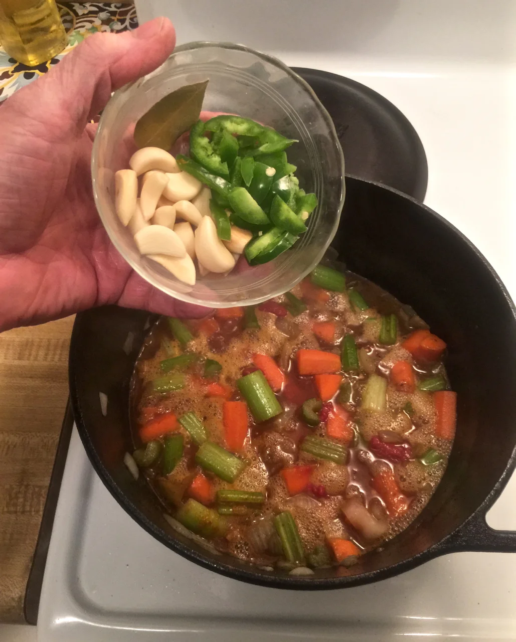 9. Cloves , bay leaf, and jalapeno added
