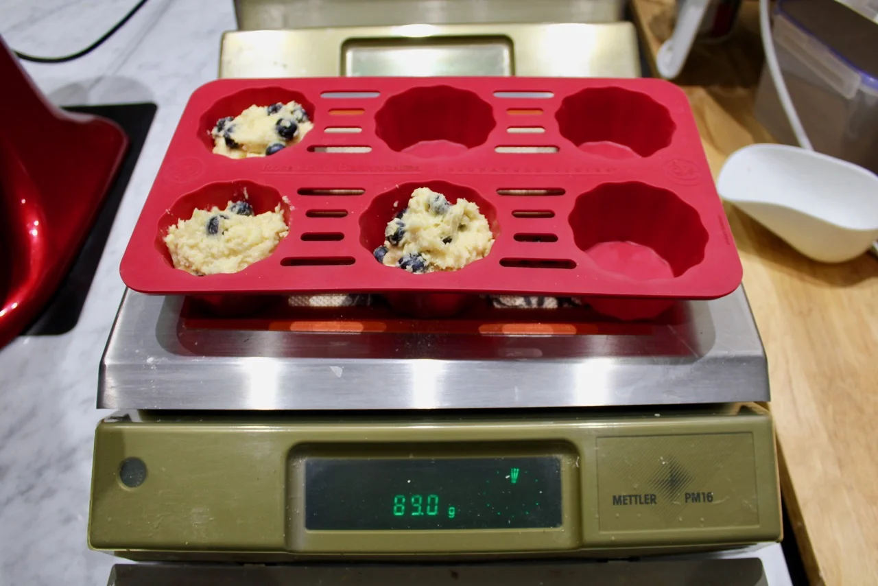 4) Using scale to measure batter into cavities