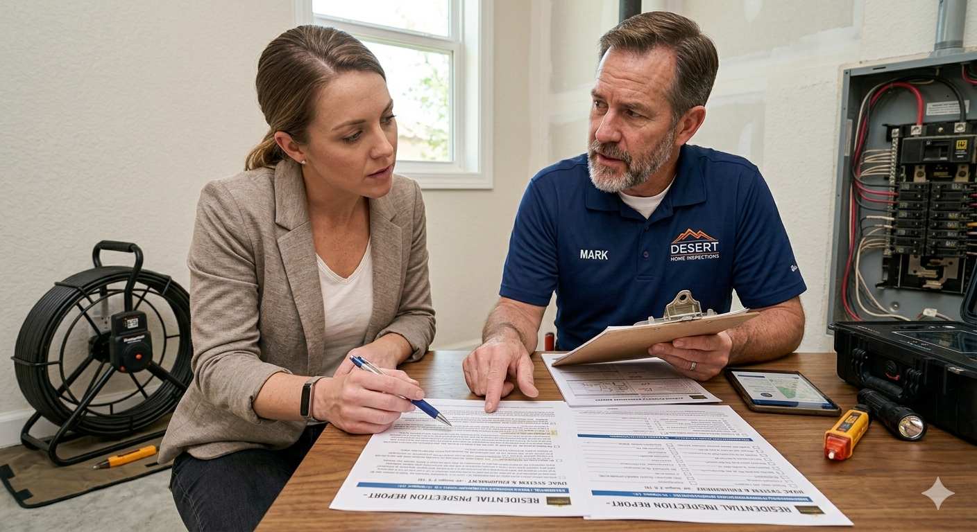 Homebuyer asking inspector questions during home inspection without seller