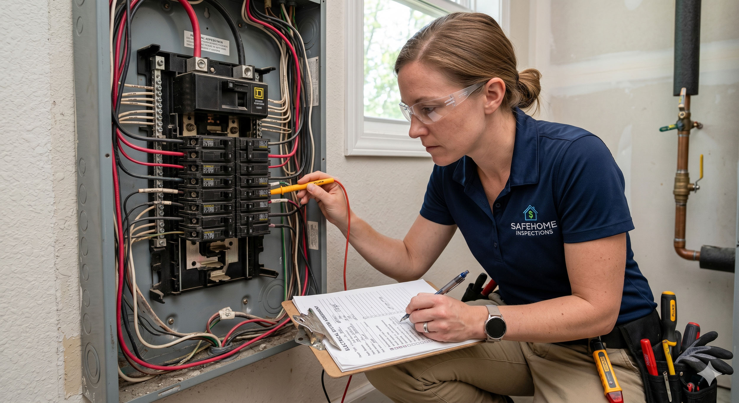 Home inspector checking electrical system and documenting findings during property inspection