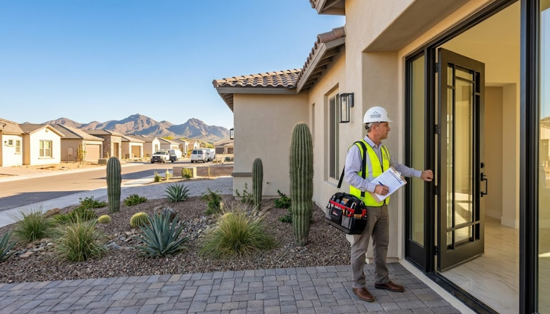 Home inspector arriving for final walk inspection at new construction Arizona home