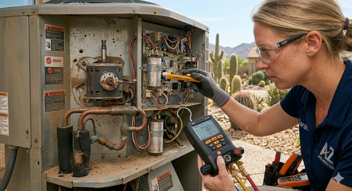 Close-up of AC inspection with technician checking system performance and components in Arizona home