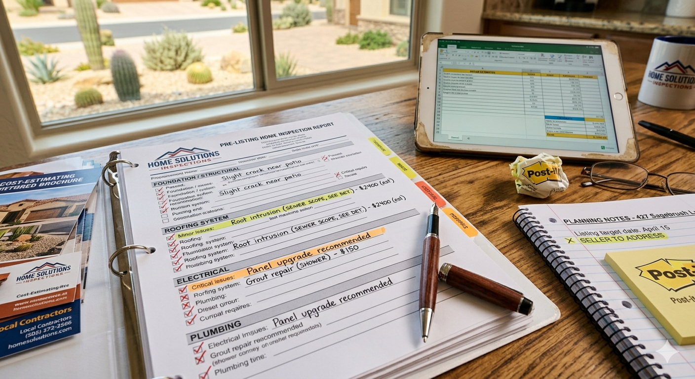Pre-listing home inspection report with notes and repair planning documents on table