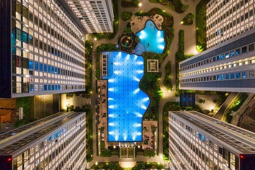 An aerial view of a swimming pool