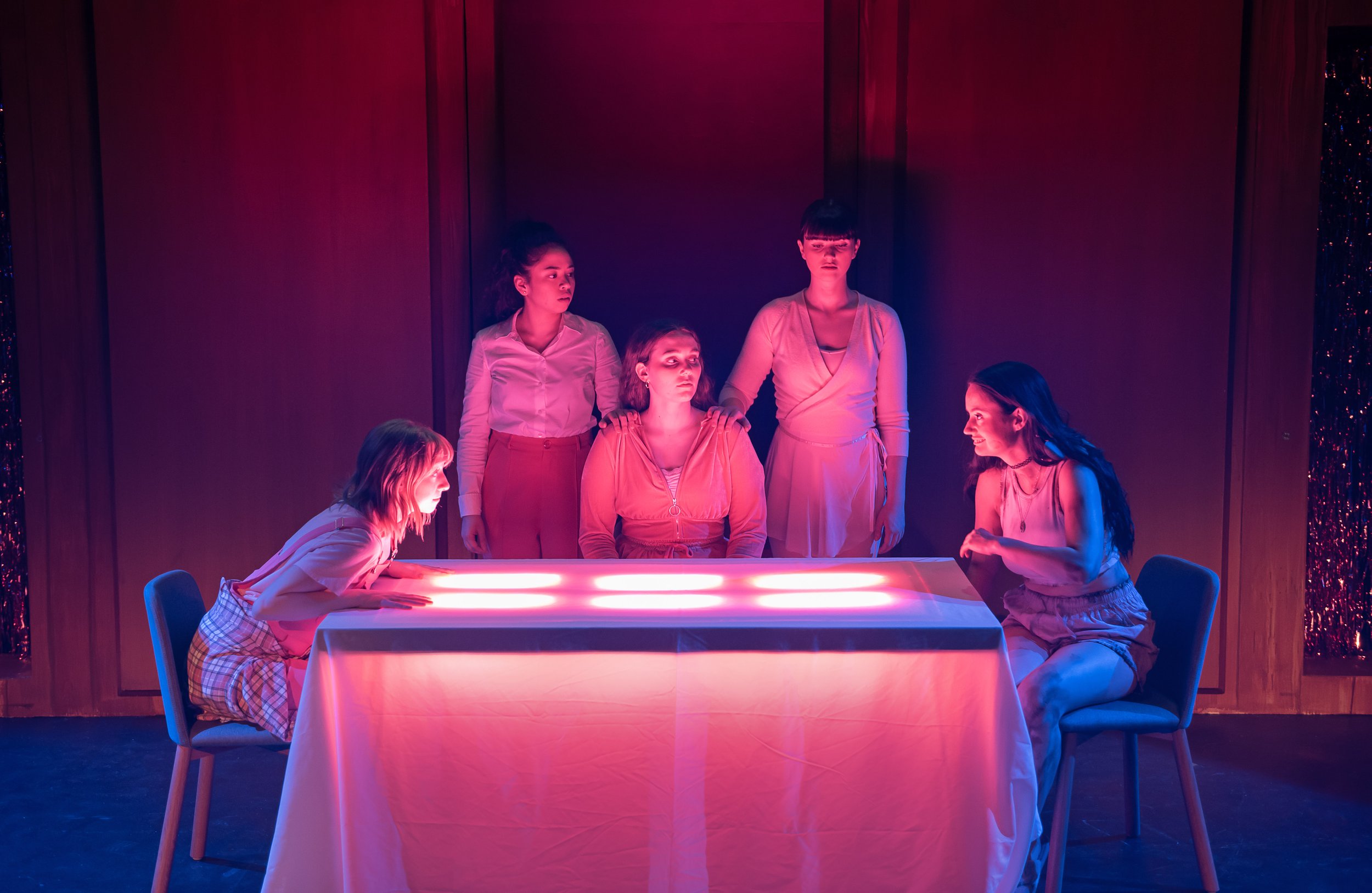  Pictured (L-R): Lucy Jeffrey, Carol Chu, Emma Abbott, Alyson Vance, Jenna Leigh Morgan  Set by Ryan Cormack, Lights by Celeste English, Costumes by Lou Marshall 