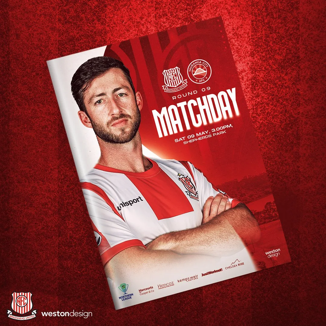 Poster advertising a football match between Birkenhead United and Tauranga City, scheduled for Saturday, May 9th at 3:00 PM at Shepherds Park. The poster features a bearded man in a white and red football jersey with crossed arms. The background is red with logos of the teams and sponsors at the bottom.