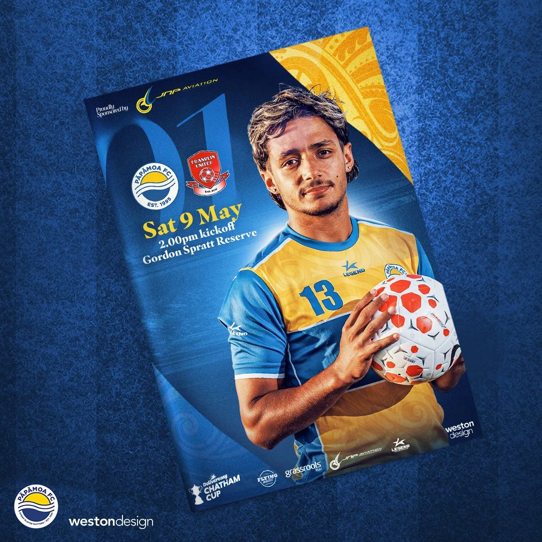 A promotional poster for a soccer match between Paramatta FC and Franklin United on Saturday, May 9 at 2:00 PM at Gordon Spratt Reserve. The poster features a young male soccer player in a blue and yellow uniform holding a soccer ball, with team logos and event details.