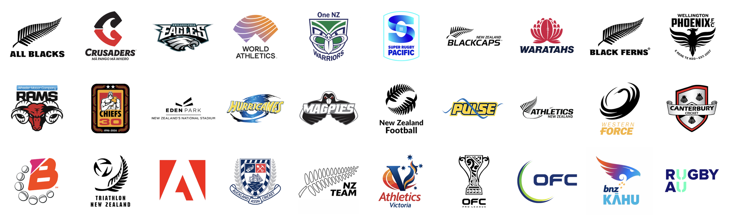 A collection of various sports team logos including rugby, cricket, football, triathlon, and basketball teams from New Zealand, Australia, and international organizations.