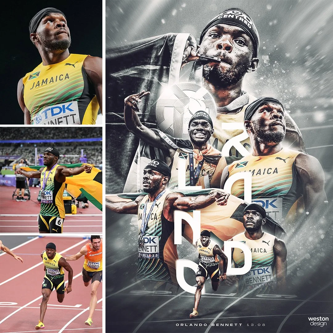 Collage of images of Orlando Bennett, a Jamaican sprinter. The photos include him holding a Jamaican flag, running on a track, and celebrating with medals. The central part features a collage of multiple images of Orlando Bennett in his athletic attire, with a focus on his achievements in sprinting.