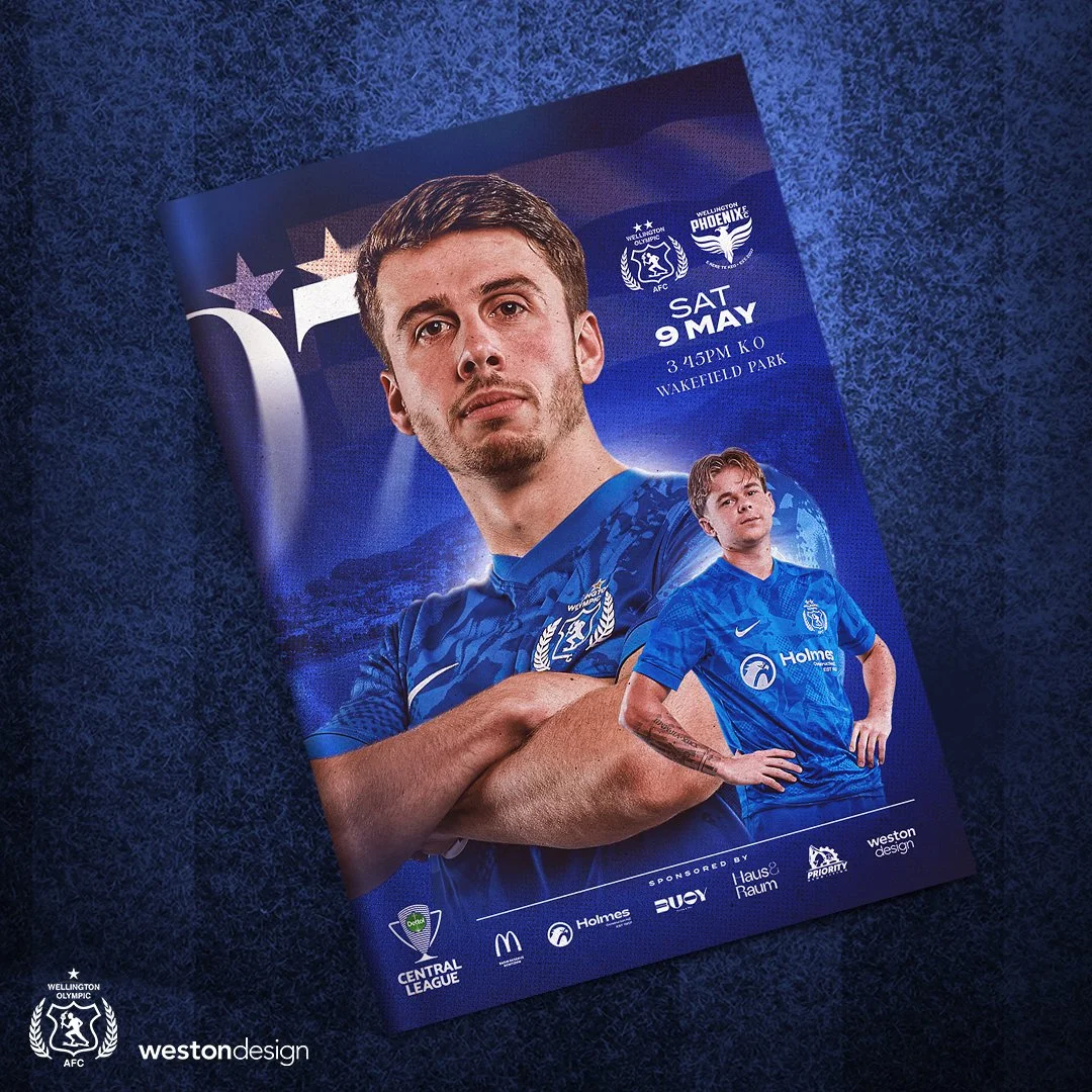 A football match flyer for Wellington Olympic vs Wellington Phoenix, scheduled for Saturday, May 9th at 3:45 PM at Wakefield Park, featuring images of two players in blue jerseys, with logos of sponsors and organizers.