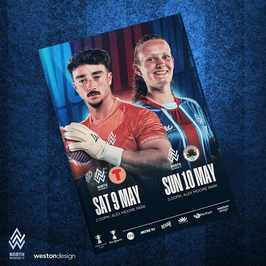 Soccer match poster featuring two female players, scheduled for Saturday, May 9, and Sunday, May 10, at Alex Moore Park, with logos of sponsors and team logos for North Wellington FC.