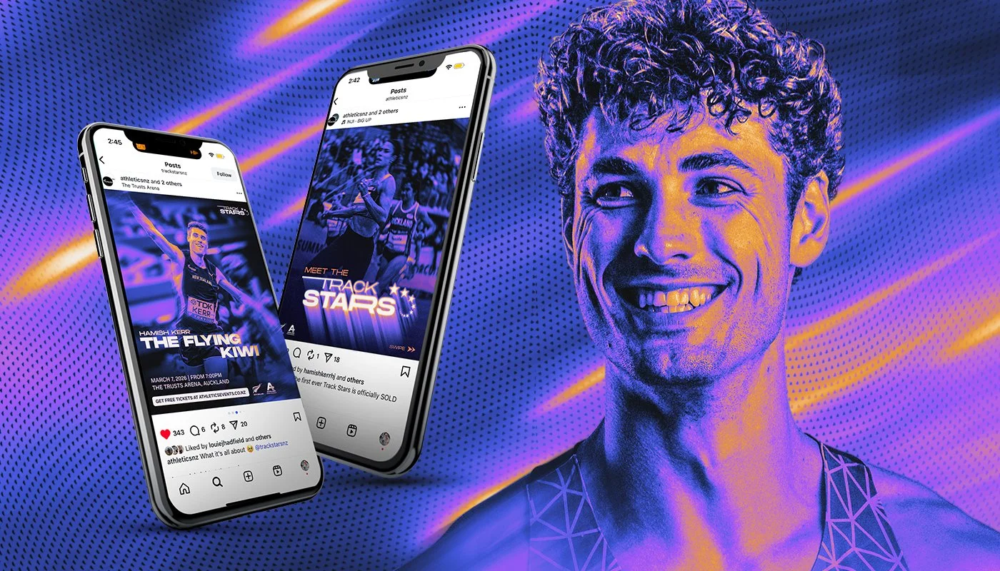 Close-up illustration of a smiling young male athlete with curly hair, wearing a sports top, against a vibrant purple and blue digital background. Two smartphones displaying track and field event promotional posters are in the foreground.