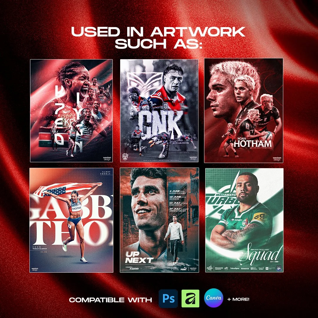 Examples of professional sports graphics created using Legacy Texture Bundle textures and overlays
