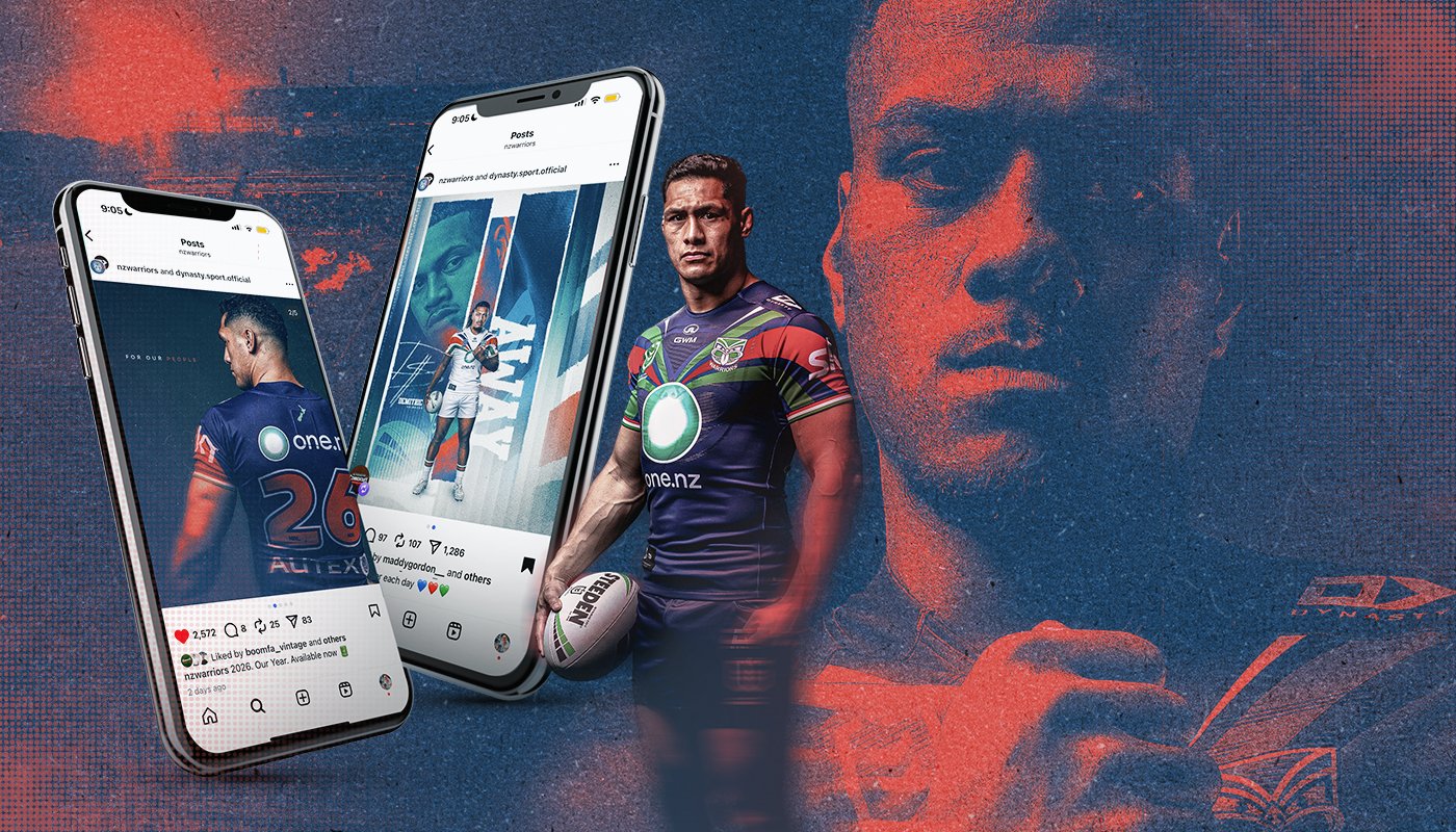A man in a rugby uniform holding a rugby ball, with two smartphones displaying social media posts of him in a rugby jersey against a blue and red textured background.