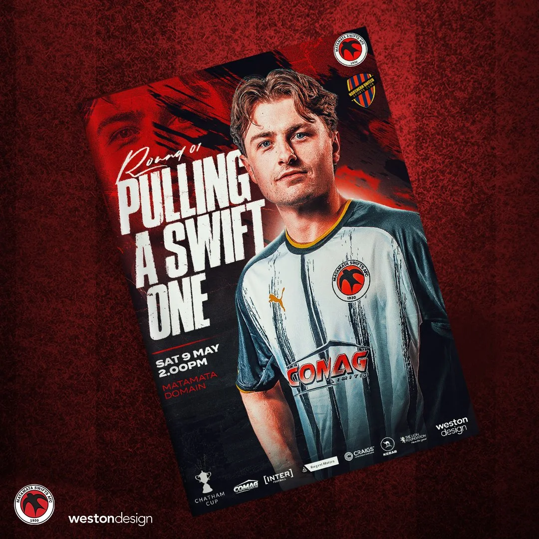 Event poster featuring a young man in a football jersey with the logo of Matamata Swifts FC, promoting a match on Saturday, May 9th at 2:00 PM at Matamata Domain. The poster includes text "Round of Pulling a Swift One" with sponsor logos and a dark red background.