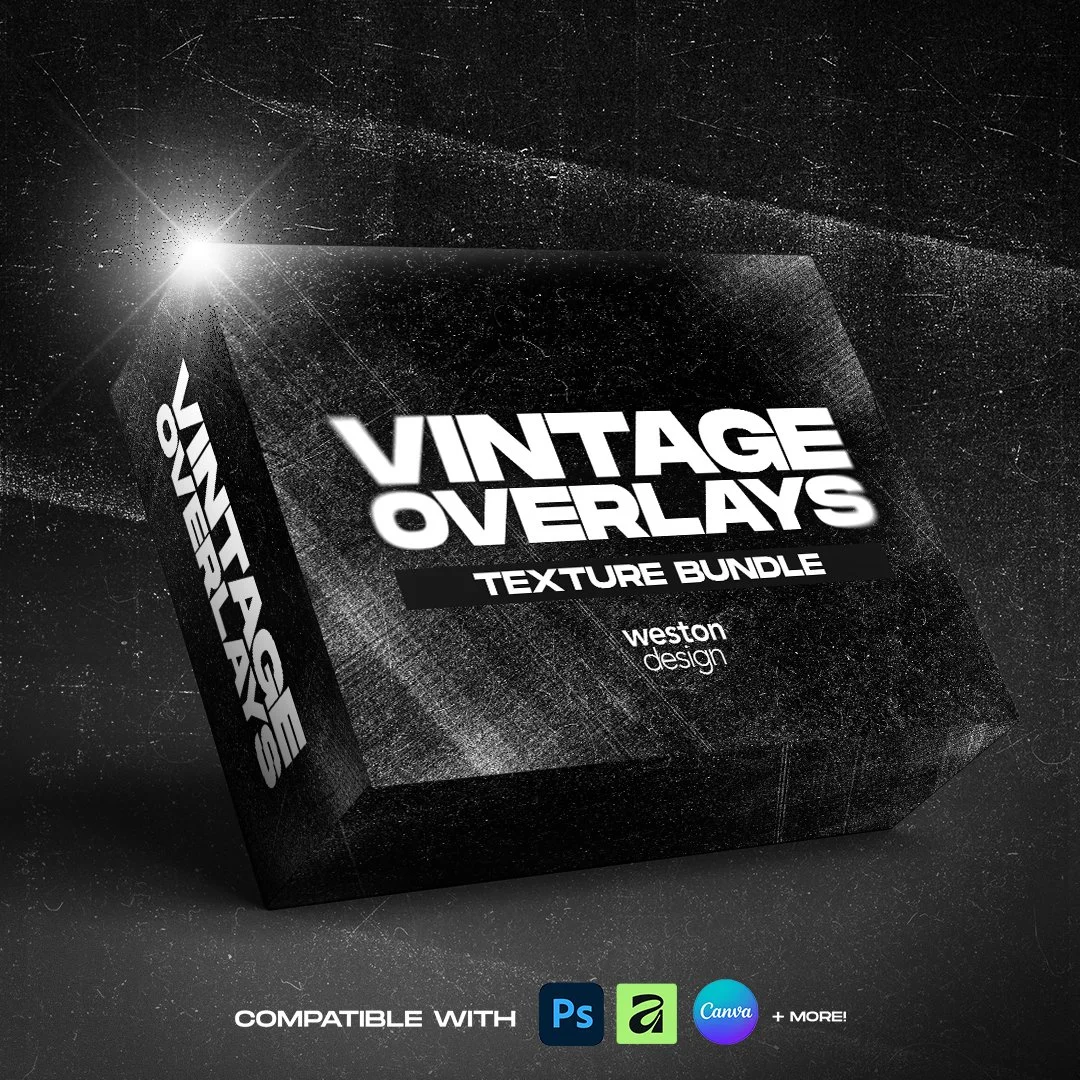 Vintage Overlays texture pack product cover featuring retro-inspired textures, film effects and aged design elements.