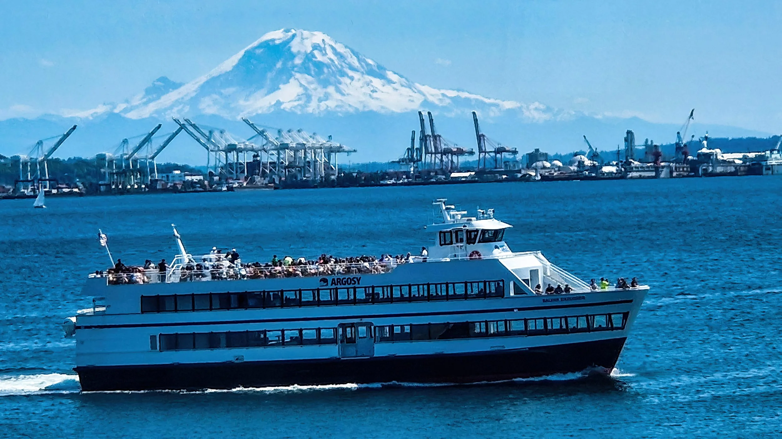Ferry crossing the Bay with Mt Rainer in the background Seattle 2023.jpg