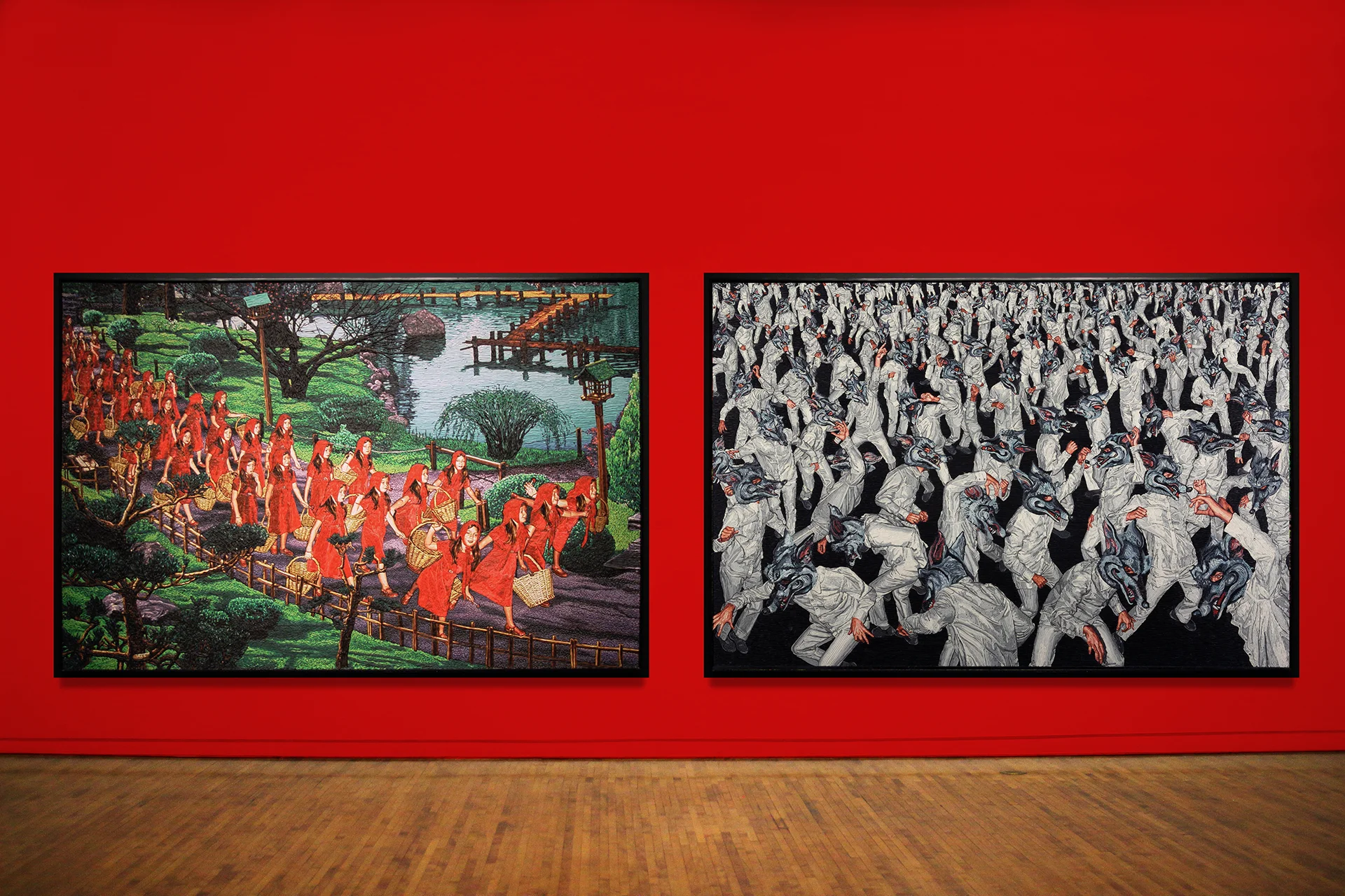 Images L to R: Mondongo (Argentina) 32 Red riding hoods with empty basket without wolf , 2004. Plasticine on wood panel. 78 3/4 x 118 1/2 in. Courtesy of Track 16 Gallery. Mondongo (Argentina) Dancing with myself , 2006-2007. Plasticine on wood. 78 3/4 x 118 1/8 in. Courtesy of Track 16 Gallery.