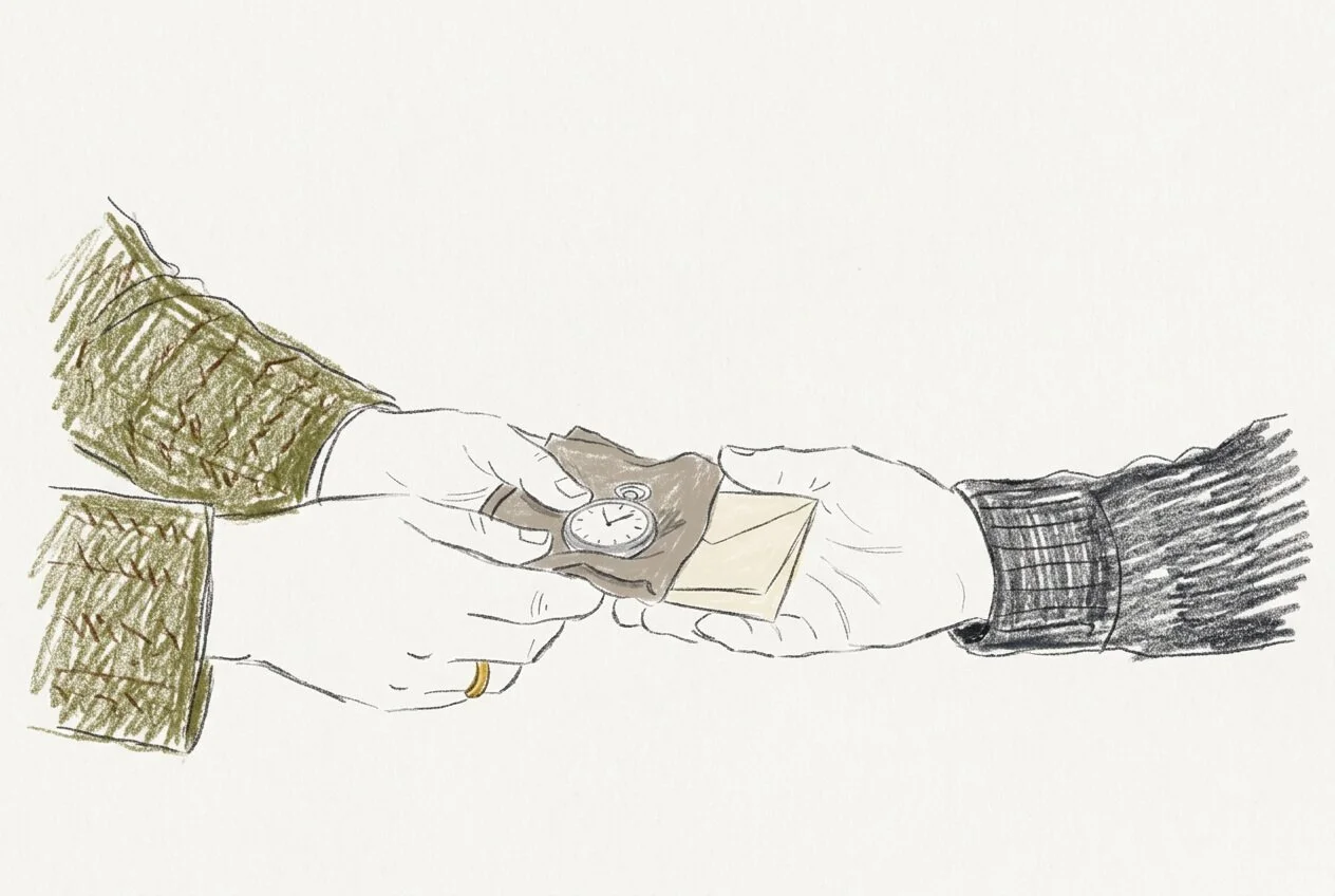 Colored pencil illustration of hands exchanging a pocket watch and envelope in an antique shop