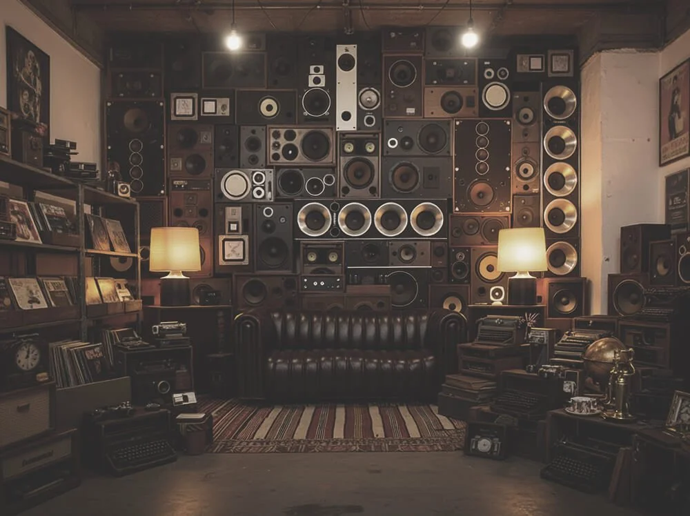 Our signature custom-built vintage speaker wall and Hi-Fi listening area at Space Lab’s Vancouver showroom.