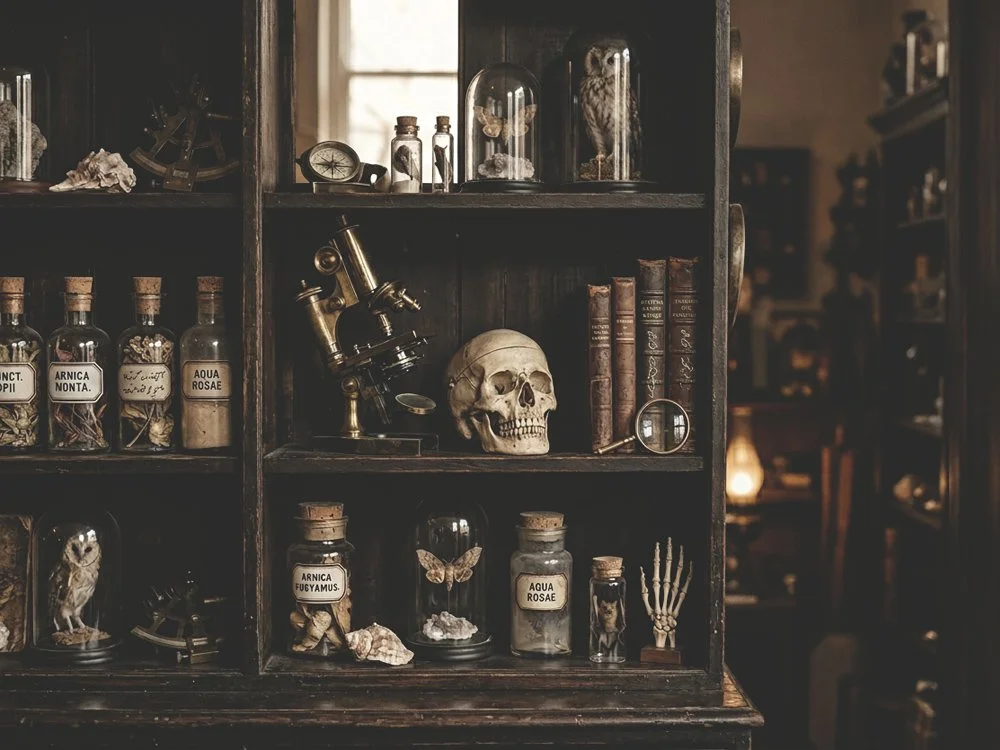 Vintage taxidermy and curiosities display with skull, microscope and specimen jars at Space Lab Vancouver antique store