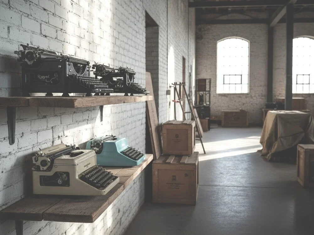 A curated collection of vintage mechanical typewriters on display at Space Lab Vancouver.