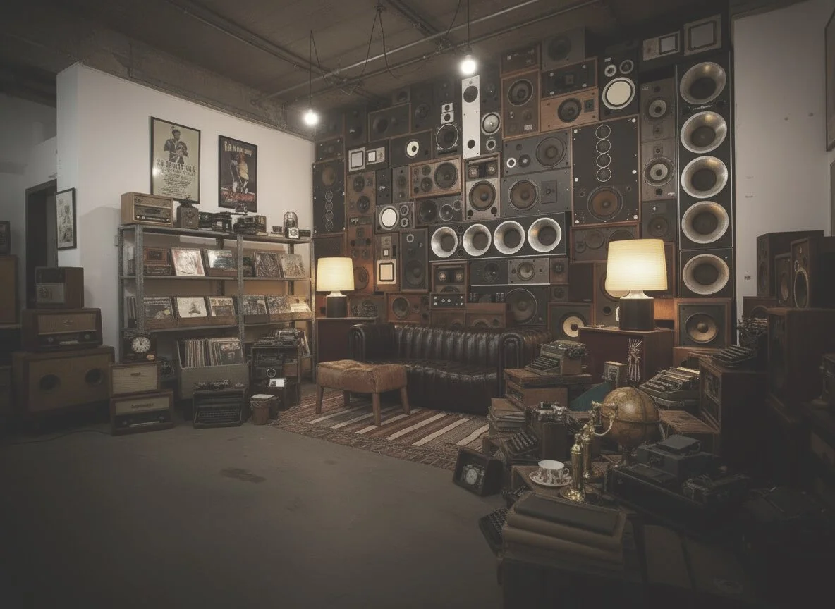 Our Vancouver storefront featuring the iconic speaker wall, offering buy, sell, and trade services for premium vintage goods.