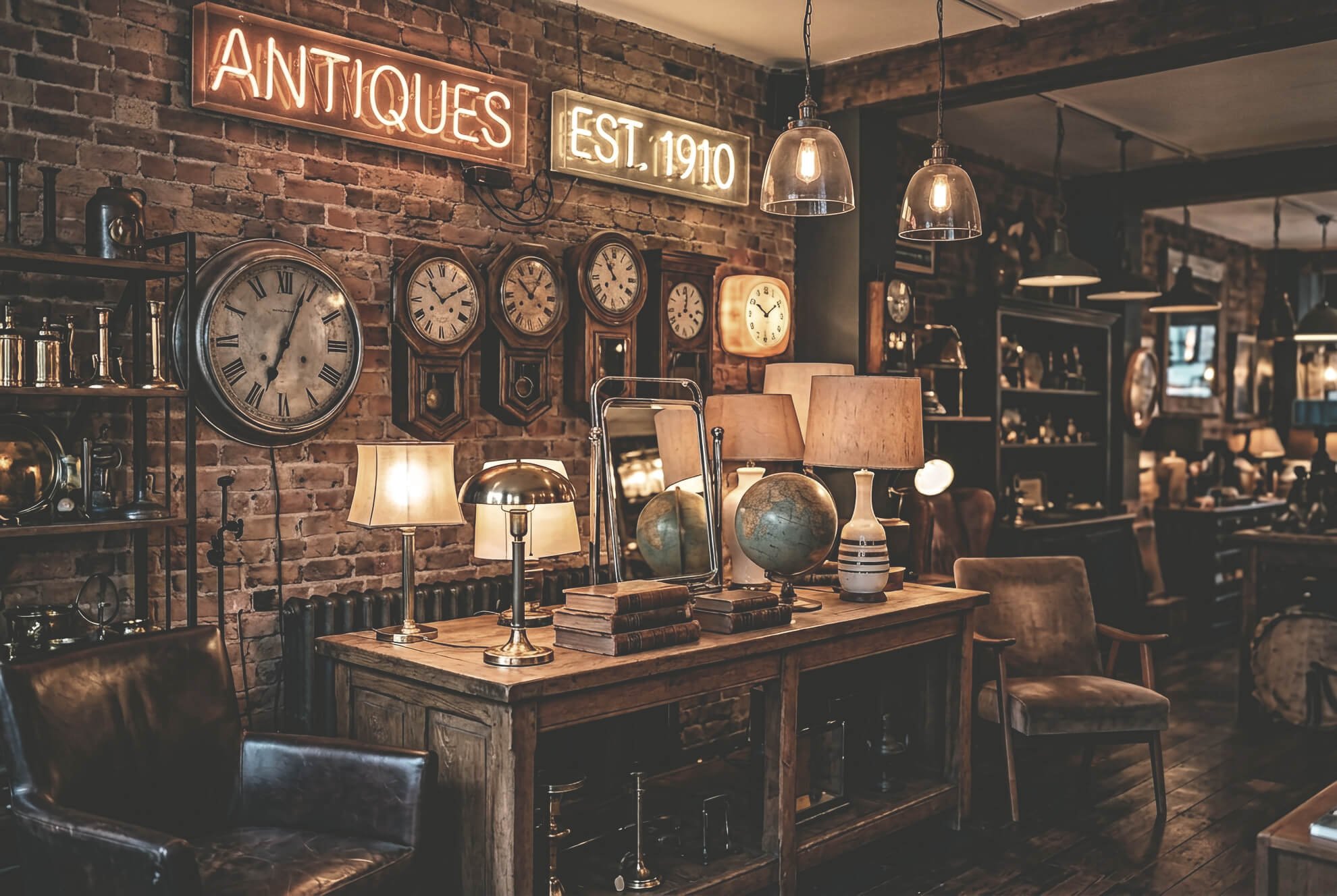 Vintage home furnishings and decor display with lighting, clocks and neon signs in Vancouver antique shop