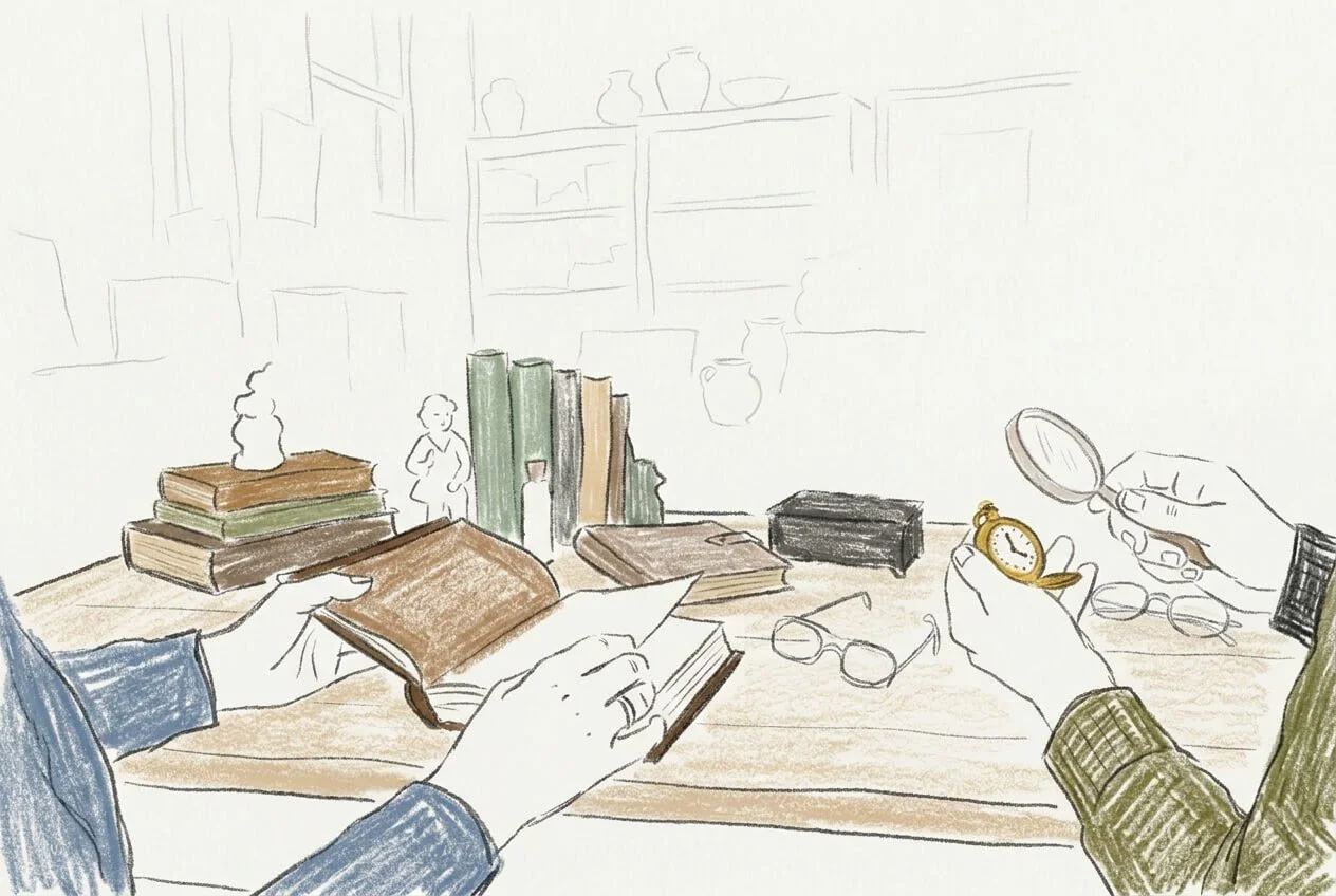 Colored pencil illustration of hands examining a pocket watch and reading a book on a table in an antique shop