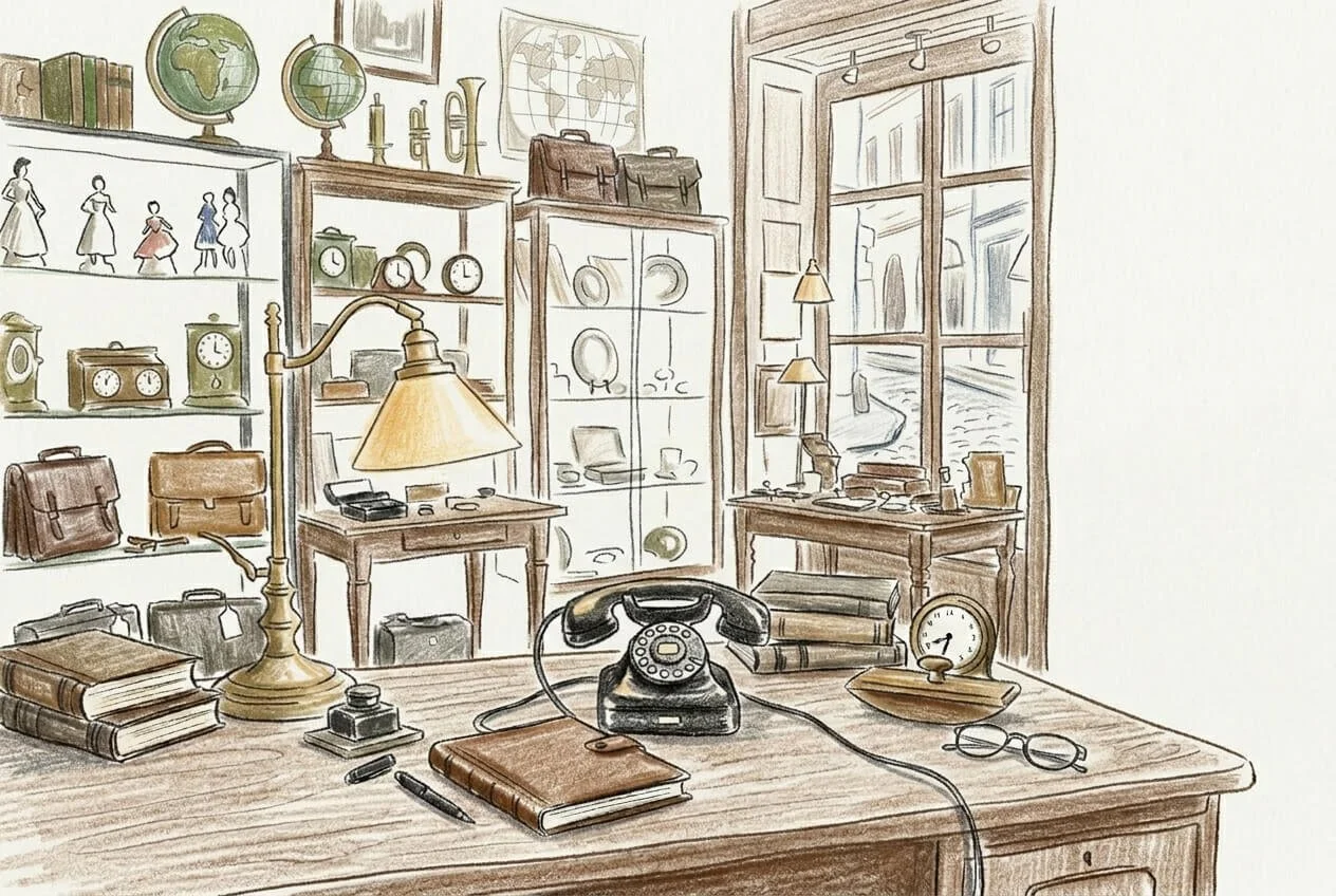 Colored pencil illustration of a vintage desk with a rotary telephone, books, and lamps inside an antique shop in Vancouver