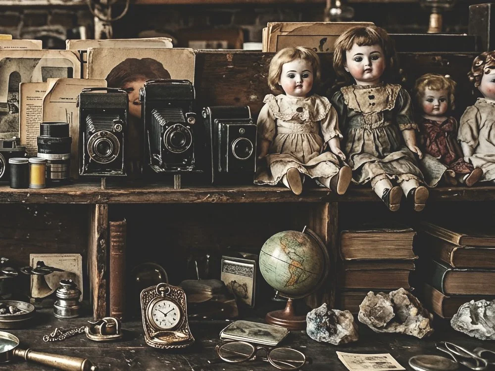 Vintage objects of interest and collectibles including cameras, books and dolls at Space Lab Vancouver antique store