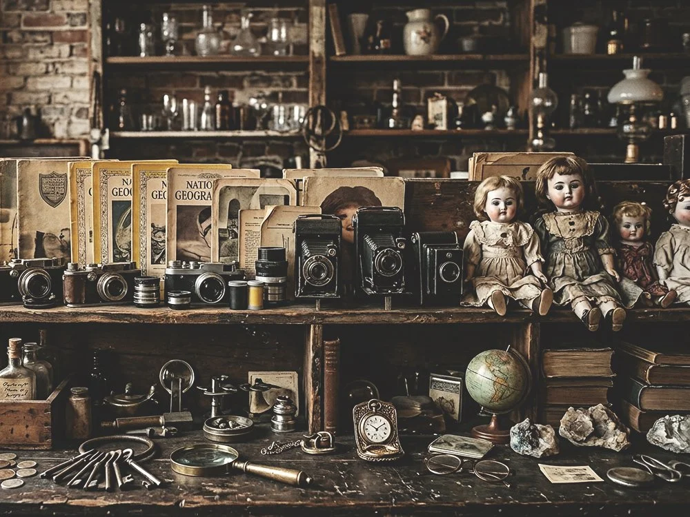 Vintage objects of interest and collectibles including cameras, books and dolls at Space Lab Vancouver antique store